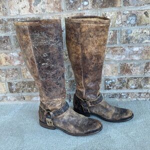 Frye Phillip Studded Harness Chocolate Brown Distressed Boho Crackle Moto Boots